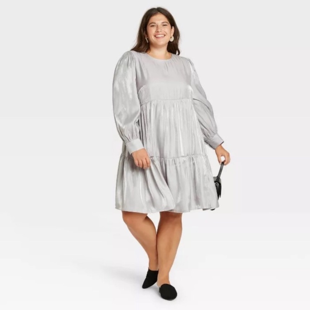 A New Day Long Sleeve Tiered Baby Doll Dress Size XXL Silver